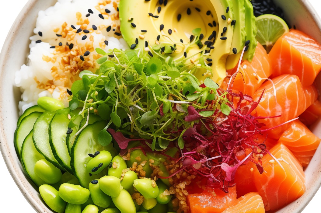 Frische und lebendige Poke Bowl auf einem transparenten Hintergrund - Gesundes, trendiges hawaiianisches Fusionsgericht, perfekt für Foodies, Clean Eating und Liebhaber einer ausgewogenen Ernährung. Png-Ausschnitt.